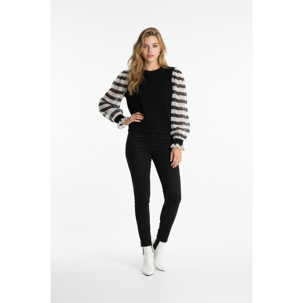 Maeve Anthropologie Black Knit Sweater‎ Sheer Striped Puff Sleeve Top Small 289